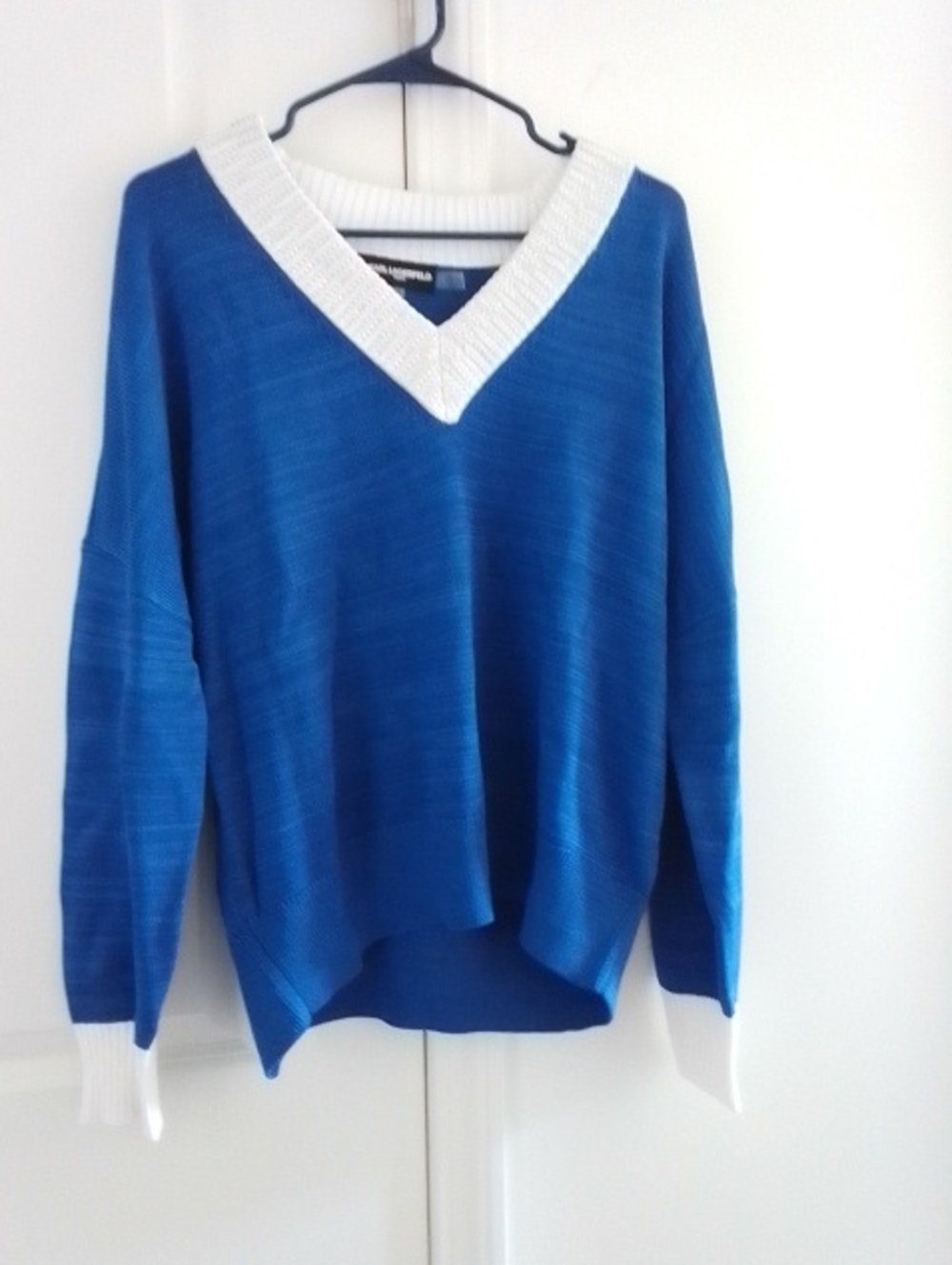 Karl Lagerfeld Royal Blue V-Neck Sweater with White Trim Indigo Sweater